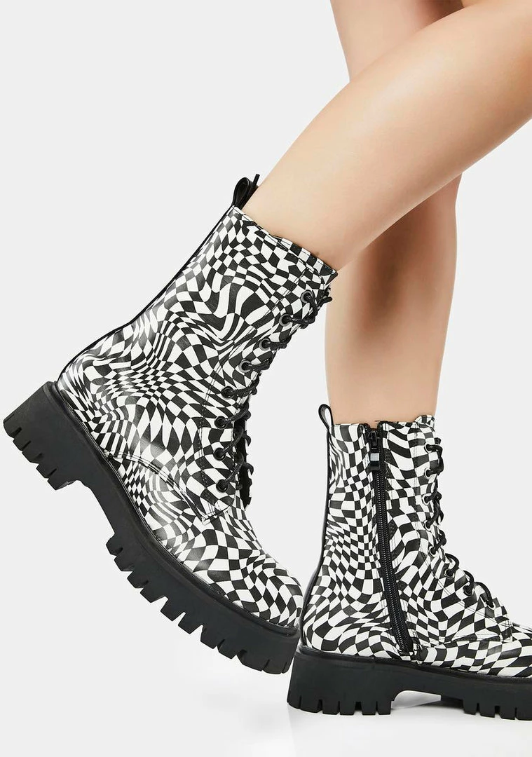 Best Sale 🤩 Koi Footwear Distorted Realms Checkered Combat 🥾 Boots 🥰 5 Koi Footwear Distorted Realms Checkered Combat Boots