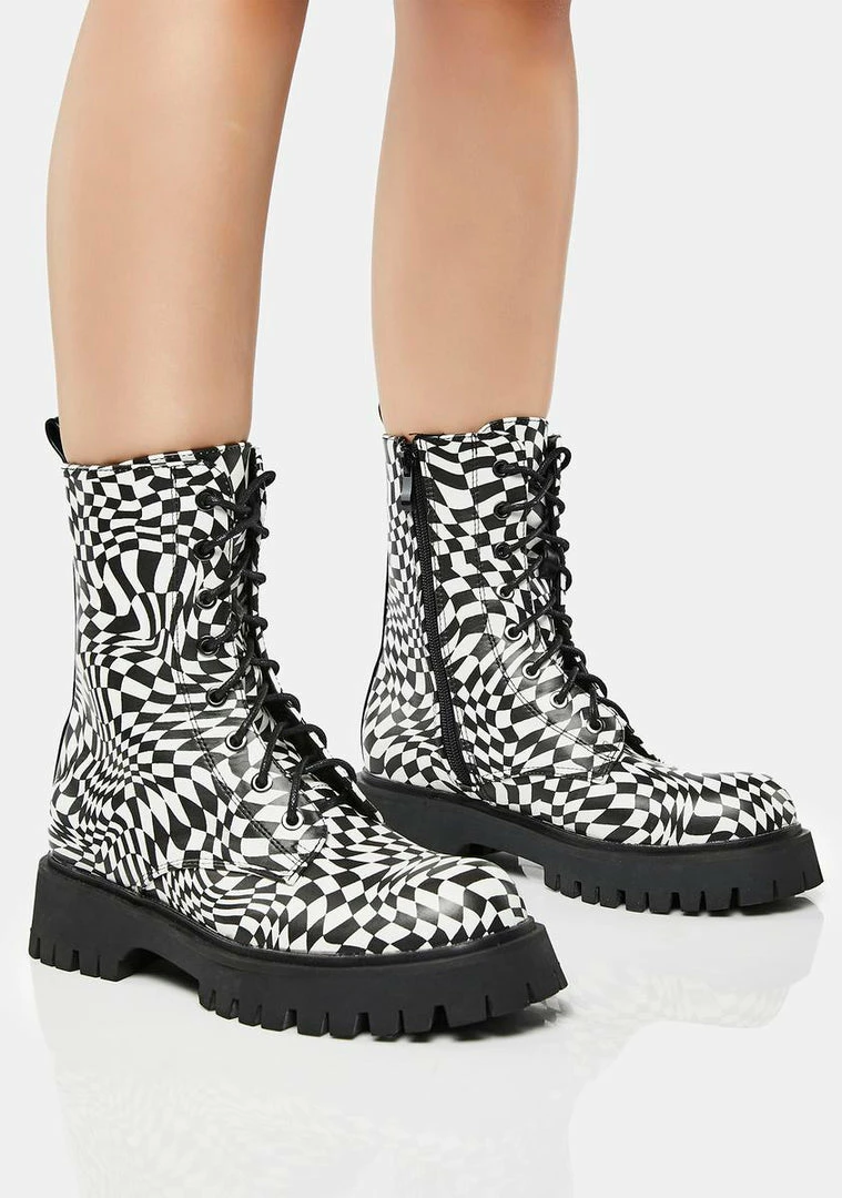 Best Sale 🤩 Koi Footwear Distorted Realms Checkered Combat 🥾 Boots 🥰 3 Koi Footwear Distorted Realms Checkered Combat Boots