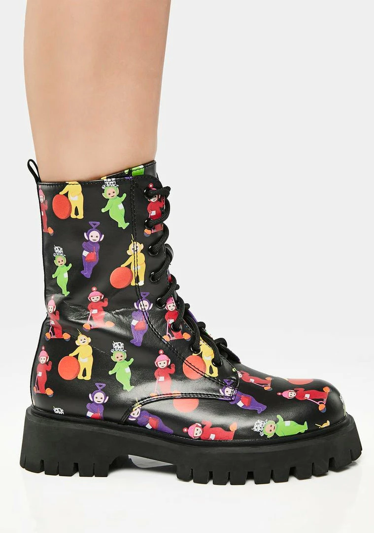 Best Pirce ๐ Koi Footwear X Teletubbies Multi Print Combat ๐ฅพ Boots โ๏ธ 5 Koi Footwear X Teletubbies Multi Print Combat Boots